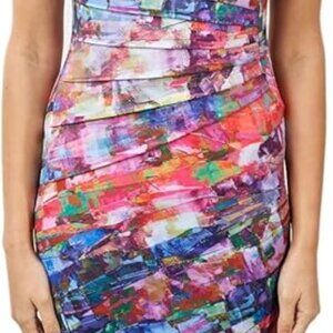 NWOT Joseph Ribkoff Multicolored Ruched Dress with Gold Accent  Size 6